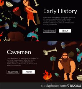 Vector color cartoon cavemen horizontal web banners and poster stone age illustration. Vector cavemen banners and poster stone age illustration