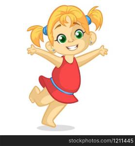 Vector color cartoon image of a cute little girl in red dress. Little girl with blonde hair. Little girl is dancing and smiling on a white background. Color image with outlines. Vector cartoon little girl icon.. Cartoon cute little girl