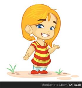 Vector color cartoon image of a cute little girl. Little girl with blonde hair. Little girl in red and yellow stripes dress standing and smiling on a white background. Color image outlined. Vector cartoon little girl.
