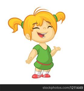 Vector color cartoon image of a cute little girl. Little girl with blonde hair. Little girl in green dress standing and smiling on a white background. Color image outlined. Vector cartoon little girl. Cartoon cute little girl