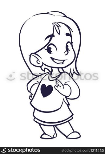 Vector color cartoon image of a cute little girl outlines. Little girl with blonde hair. Little girl in red and yellow stripes dress standing and smiling on a white background. Color image outlined. Vector cartoon little girl.