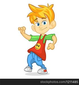 Vector color cartoon image of a cute teenage blond boy in fashion clothes. Little boy dancing and smiling on a white background. Color image with outlines.