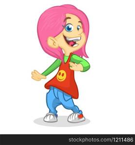 Vector color cartoon image of a cute teenage girl in fashion clothes. Little girl with pink hair. Little girl is dancing and smiling on a white background. Color image with outlines.