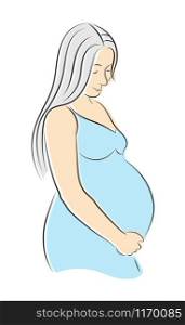 Vector color drawing of a pregnant woman. The pregnant woman bows her head and holds her stomach. Isolated on a white background.