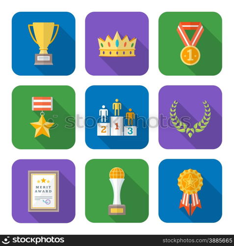 vector color flat design various rewards prize sign icons set long shadows&#xA;