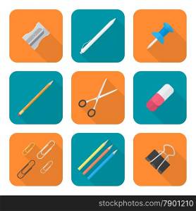 vector color flat design various stationery icons set long shadow&#xA;