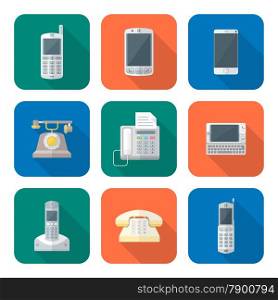 vector color flat design various telephones gadgets devices icons set long shadow&#xA;