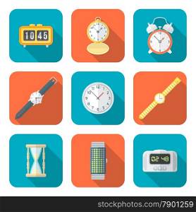 vector color flat design various types watches clocks icons set long shadow