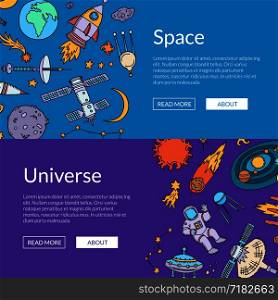Vector color hand drawn space elements horizontal web banners and poster illustration. Vector hand drawn space elements horizontal web banners illustration