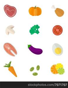 Vector color healthy food icons set. Food sign. Healthy lifestyle illustration in flat style. Meat, fish, vegetables and fruit icons