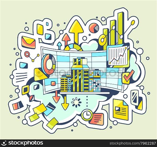 Vector color illustration of analytical work on light background. Hand draw line art design for web, site, advertising, banner, poster, board and print.