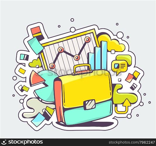 Vector color illustration of briefcase with business graphs on light background. Hand draw line art design for web, site, advertising, banner, poster, board and print.