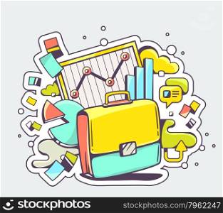 Vector color illustration of briefcase with business graphs on light background. Hand draw line art design for web, site, advertising, banner, poster, board and print.