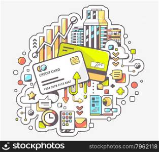 Vector color illustration of cashless payment via credit cards on light background. Hand draw line art design for web, site, advertising, banner, poster, board and print.