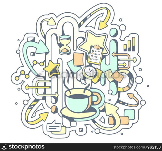 Vector color illustration of coffe break and office work on light background. Hand draw line art design for web, site, advertising, banner, poster, board and print.