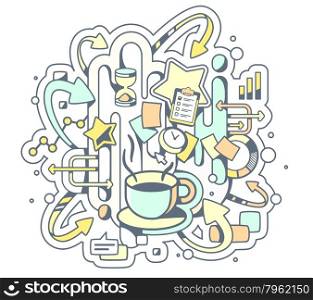 Vector color illustration of coffe break and office work on light background. Hand draw line art design for web, site, advertising, banner, poster, board and print.
