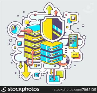 Vector color illustration of data protection on light background. Hand draw line art design for web, site, advertising, banner, poster, board and print.