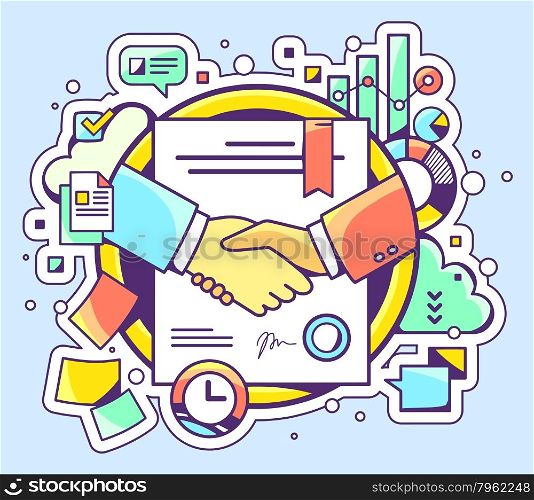 Vector color illustration of handshake with contract signed and sealed and graphs on blue background. Hand draw line art design for web, site, advertising, banner, poster, board and print.