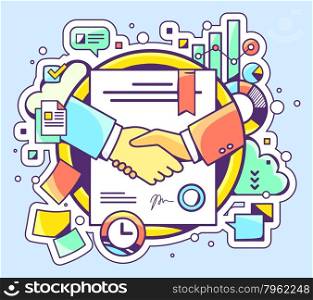 Vector color illustration of handshake with contract signed and sealed and graphs on blue background. Hand draw line art design for web, site, advertising, banner, poster, board and print.