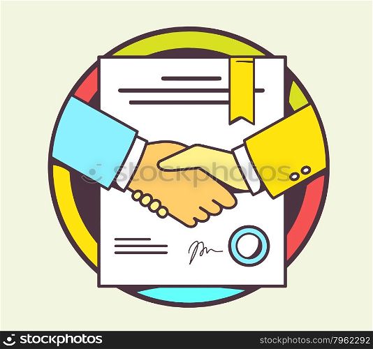 Vector color illustration of handshake with contract signed and sealed on yellow background. Hand draw line art design for web, site, advertising, banner, poster, board and print.