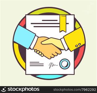 Vector color illustration of handshake with contract signed and sealed on yellow background. Hand draw line art design for web, site, advertising, banner, poster, board and print.
