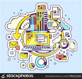 Vector color illustration of laptop and business processes on blue background. Hand draw line art design for web, site, advertising, banner, poster, board and print.
