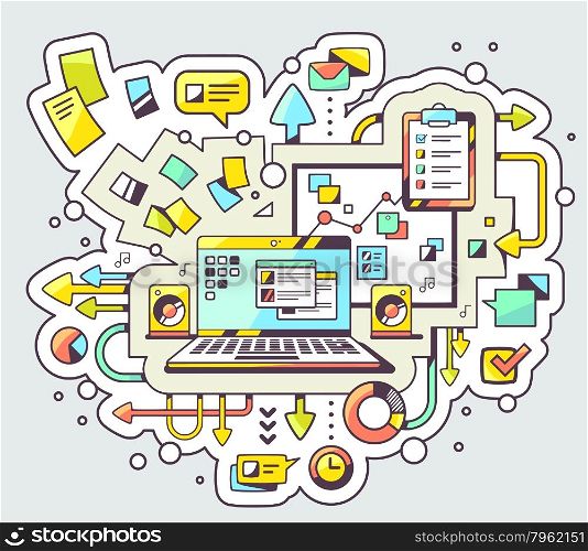 Vector color illustration of laptop and business processes on light background. Hand draw line art design for web, site, advertising, banner, poster, board and print.
