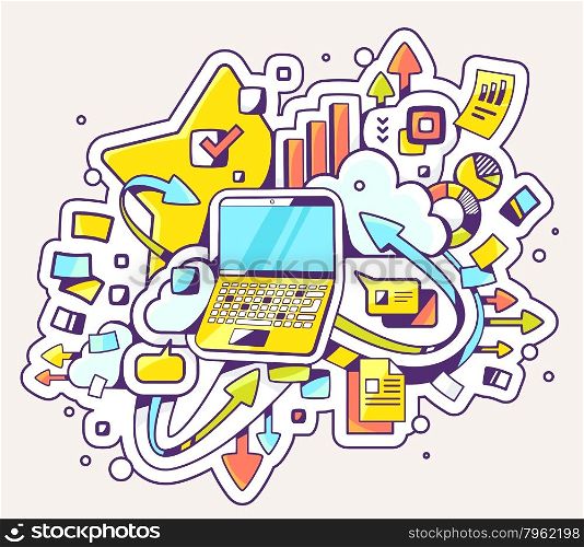 Vector color illustration of laptop operation on light background. Hand draw line art design for web, site, advertising, banner, poster, board and print.