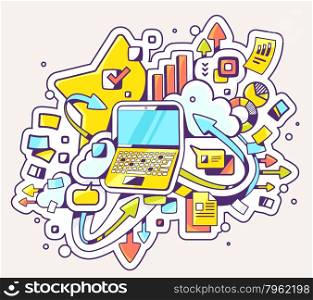 Vector color illustration of laptop operation on light background. Hand draw line art design for web, site, advertising, banner, poster, board and print.