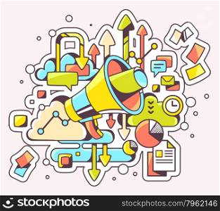 Vector color illustration of megaphone and documents on light background. Hand draw line art design for web, site, advertising, banner, poster, board and print.