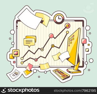 Vector color illustration of office workplace on green background. Hand draw line art design for web, site, advertising, banner, poster, board and print.