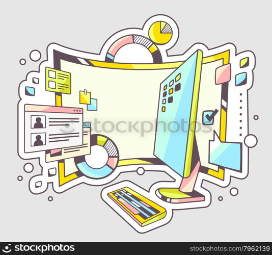 Vector color illustration of office workplace with charts and monitor on light background. Hand draw line art design for web, site, advertising, banner, poster, board and print.