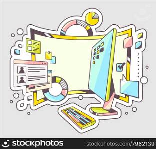 Vector color illustration of office workplace with charts and monitor on light background. Hand draw line art design for web, site, advertising, banner, poster, board and print.