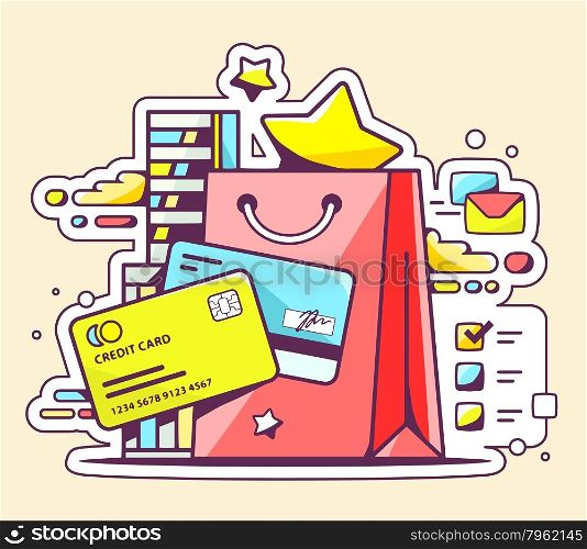 Vector color illustration of online cashless payment via credit cards on yellow background. Hand draw line art design for web, site, advertising, banner, poster, board and print.
