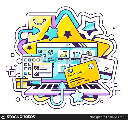 Vector color illustration of online payment via credit cards. Shopping via laptop on light background. Hand draw line art design for web, site, advertising, banner, poster, board and print.
