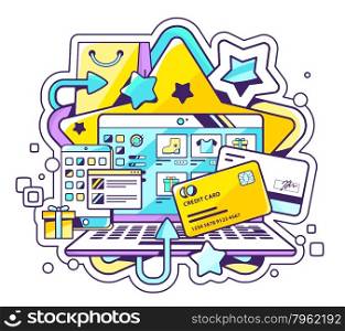 Vector color illustration of online payment via credit cards. Shopping via laptop on light background. Hand draw line art design for web, site, advertising, banner, poster, board and print.