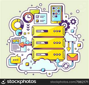 Vector color illustration of server operation on light background. Hand draw line art design for web, site, advertising, banner, poster, board and print.