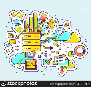 Vector color illustration of server operation with graphs and clouds on blue background. Hand draw line art design for web, site, advertising, banner, poster, board and print.