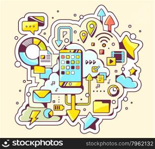 Vector color illustration of social media and mobile phone on light background. Hand draw line art design for web, site, advertising, banner, poster, board and print.