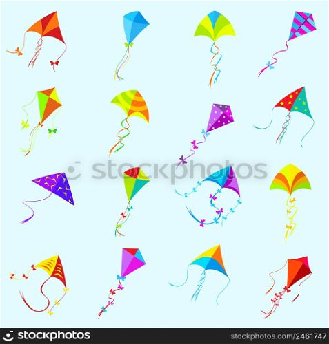 Vector color kite set. Toy isolated, object and game, collection group different. Vector color kite set