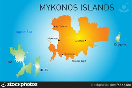 Vector color map of Island of Mykonos in Greece