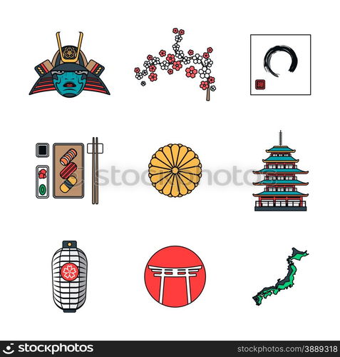 vector color outline japan national theme icons white background&#xA;