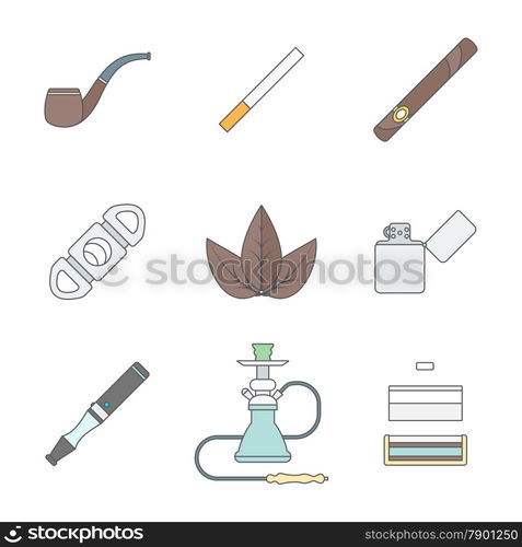 vector color outline various tobacco goods accessories icons set white background&#xA;