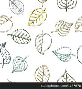 Vector color seamless pattern of plant leaves drawn by hand for simple backgrounds and textures, fabrics, packaging and wrappers, for theme design