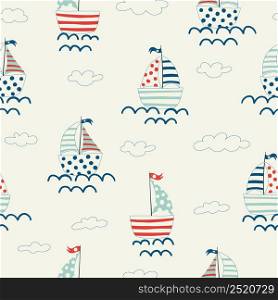 Vector color seamless repeating childish simple pattern with cute ships in Scandinavian style. Children&rsquo;s pattern with ships. Sea print.. Vector color seamless repeating childish simple pattern with cute ships in Scandinavian style. Children&rsquo;s pattern with ships. Sea print
