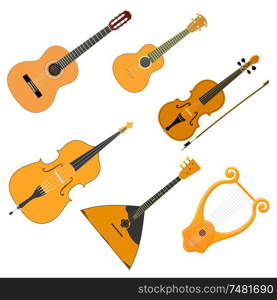 Vector color set of acoustic stringed musical instruments on a white background. Isolate. Violin, guitar, balalaika, ukulele, bass, cello, lyre. Stock illustration