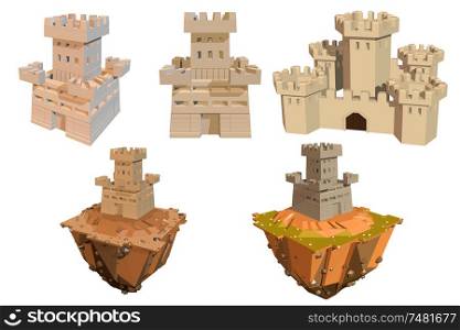 Vector color set of castles and islands on a white background. Abstract ancient building on a white background. Isolated object. Castle, Tower, Island. Stock vector illustration