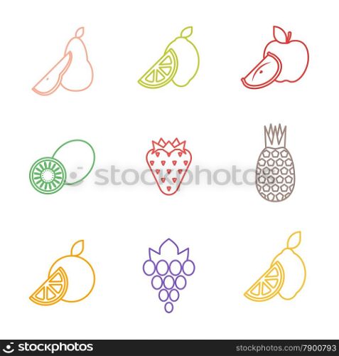 vector color simple outline various fruits icons set&#xA;