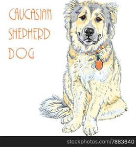 Vector color sketch Caucasian Shepherd Dog breed sitting and smiling