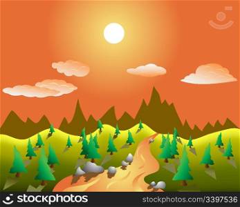 Vector color summer landscape background with trees and river
